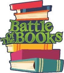Multi color photo of cartoon books in a stack with green words that say "Battle of the Books" in the middle of the stack.